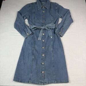 Womens Denim Dress L Button Front Belted Midi Jean Dress Casual Cottagecore